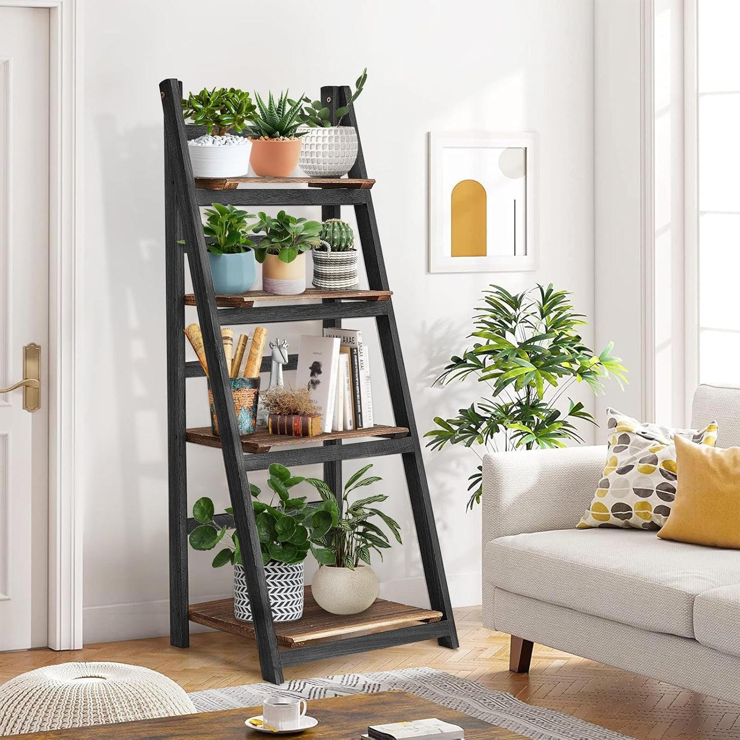 (New Open Box) Ladder Shelf, 4 Tier Ladder Shelves Rustic Solid Wood Ladder Shelf