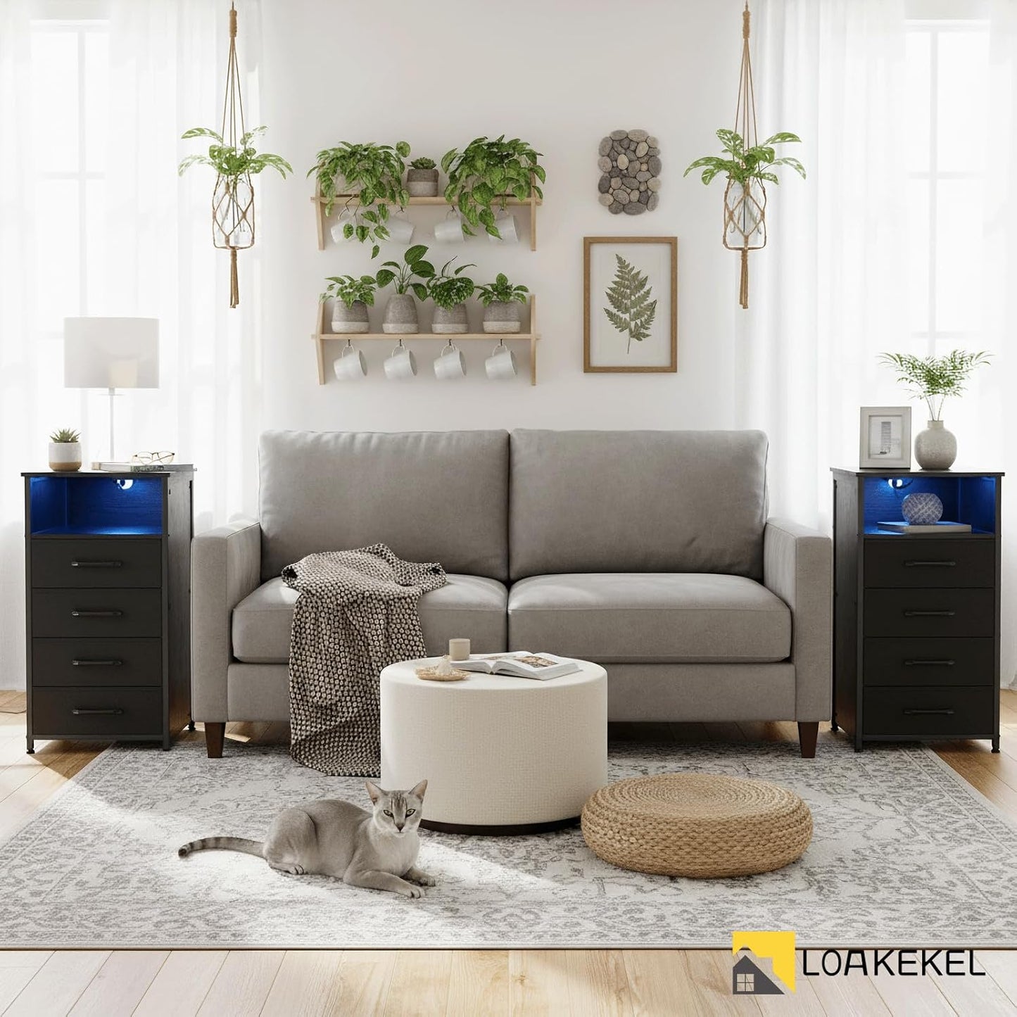 (New Open Box) LOAKEKEL Night Stand Set 2, Tall Nightstand with Charging Station for Bedroom with 4 Drawers, LED End Tables with USB Ports and Outlets, Bedside Table with Storage Shelf, Black, HNS034BK