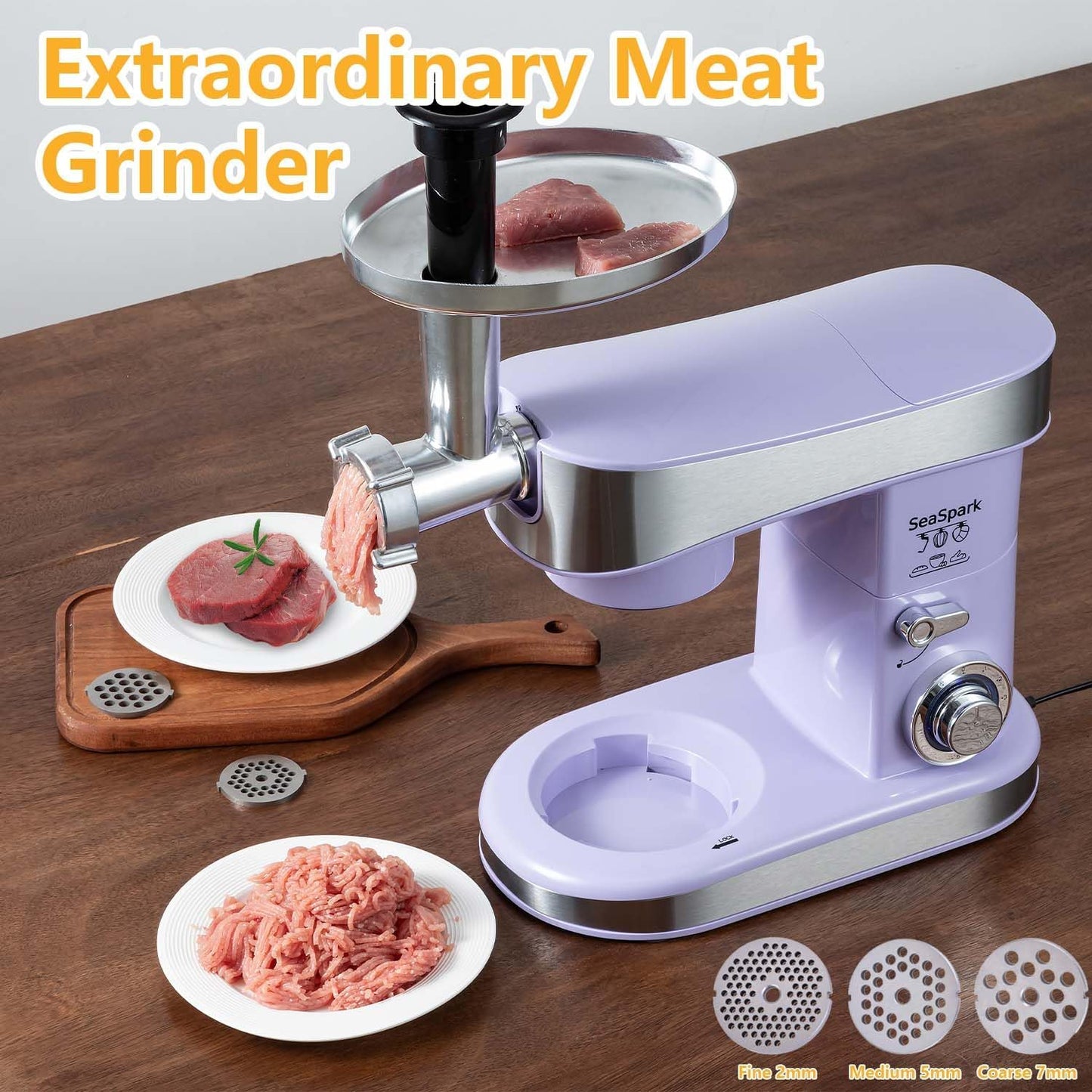 SeaSpark SC-213C Multifunctional Stand Mixer 6.3Qt 6-Speed Tilt-head, Electric Kitchen Mixer with Stainless Steel Bowl,Meat Grinder, Juice Blender