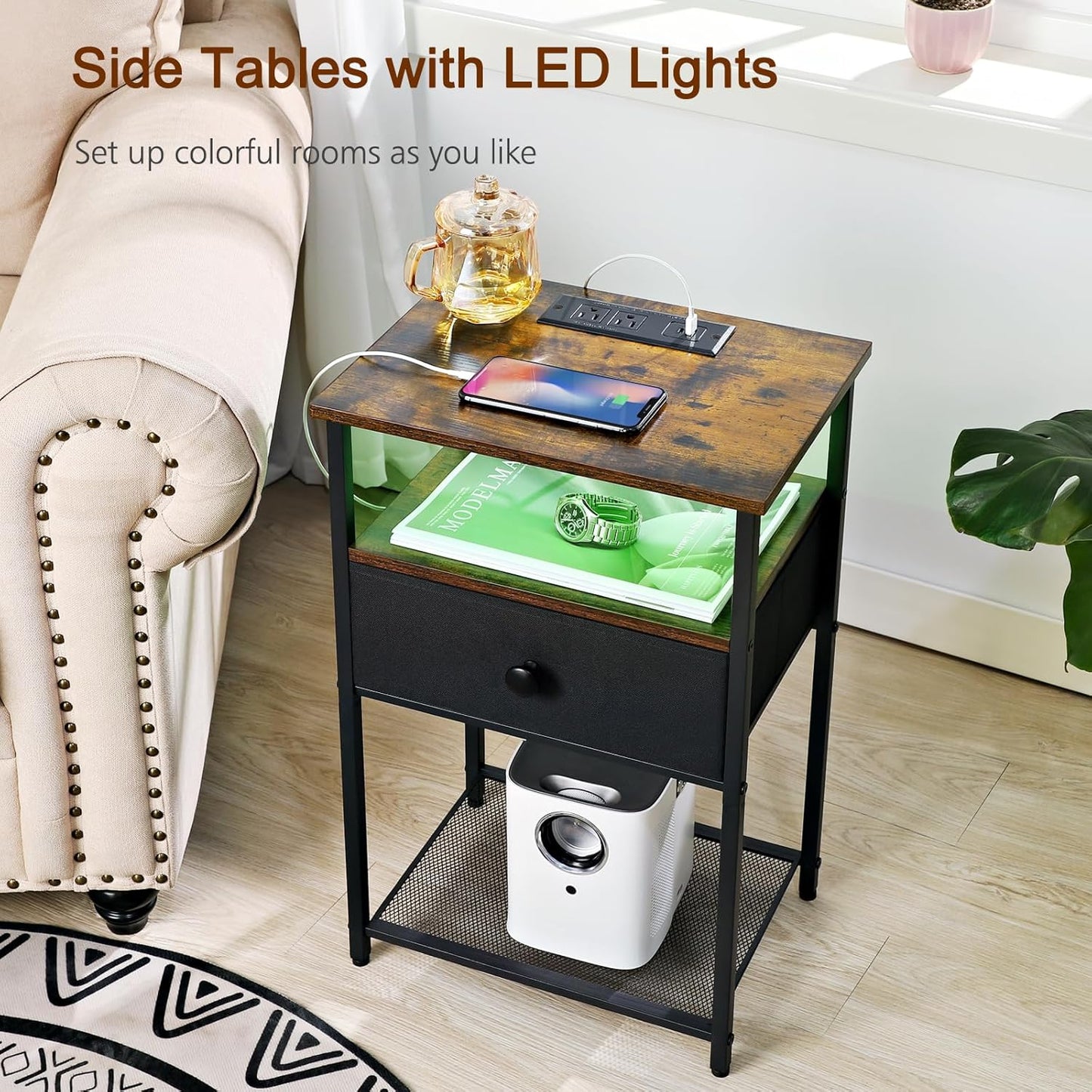 (New Open Box) LOAKEKEL Nightstands Set of 2 with Charging Station, LED Night Stands, HETS01BR (DS0052)