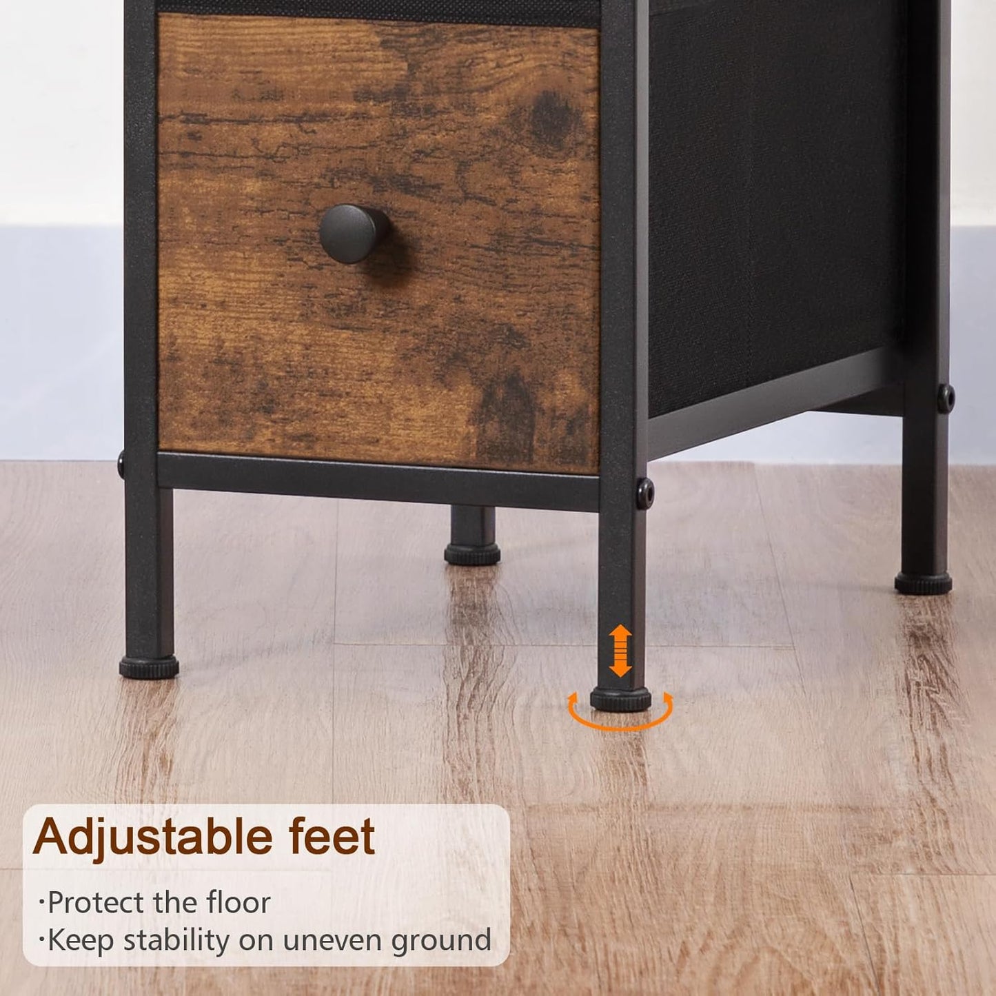 (New Open Box) LOAKEKEL Narrow Side Table with Charging Station, LED Light, Skinny Nightstand with Fabric Drawer, Slim Sofa Table for Bedroom, Small Spaces, Couch, Brown, TETNDP02LBR-1