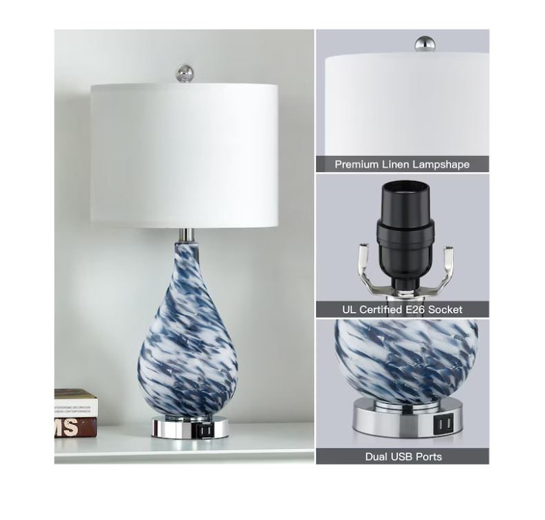 (Brand New) 24-in Blue Glass LED Touch Table Lamp | Linen Shade | TD-136