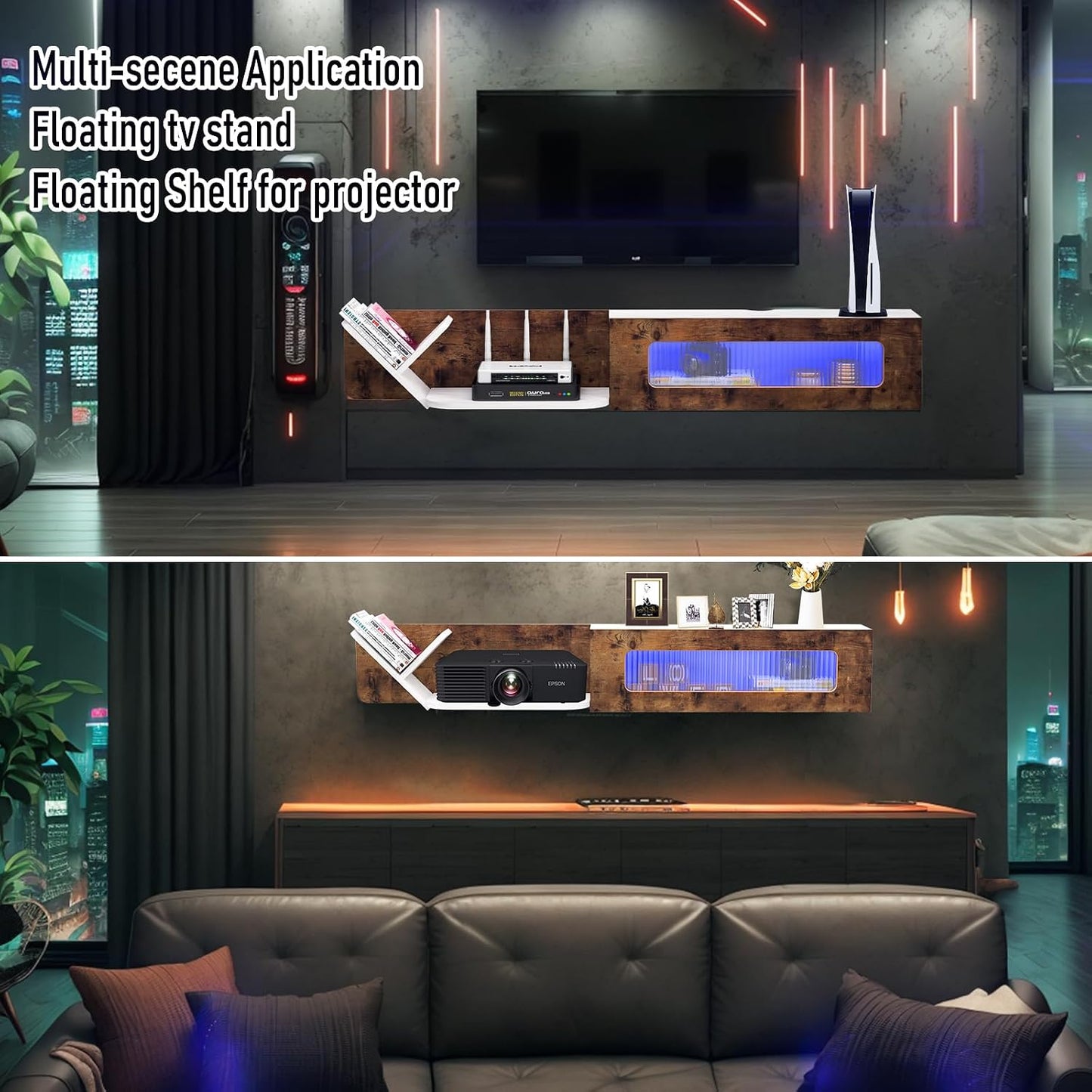 (New Open Box) Pmnianhua Rustic Floating TV Stand with LED Lights,59'' Wall Mounted TV Cosole,Under TV Shelf,Floating Entertainment Center with Glass Door and Storage for Projector,Bedroom Playroom