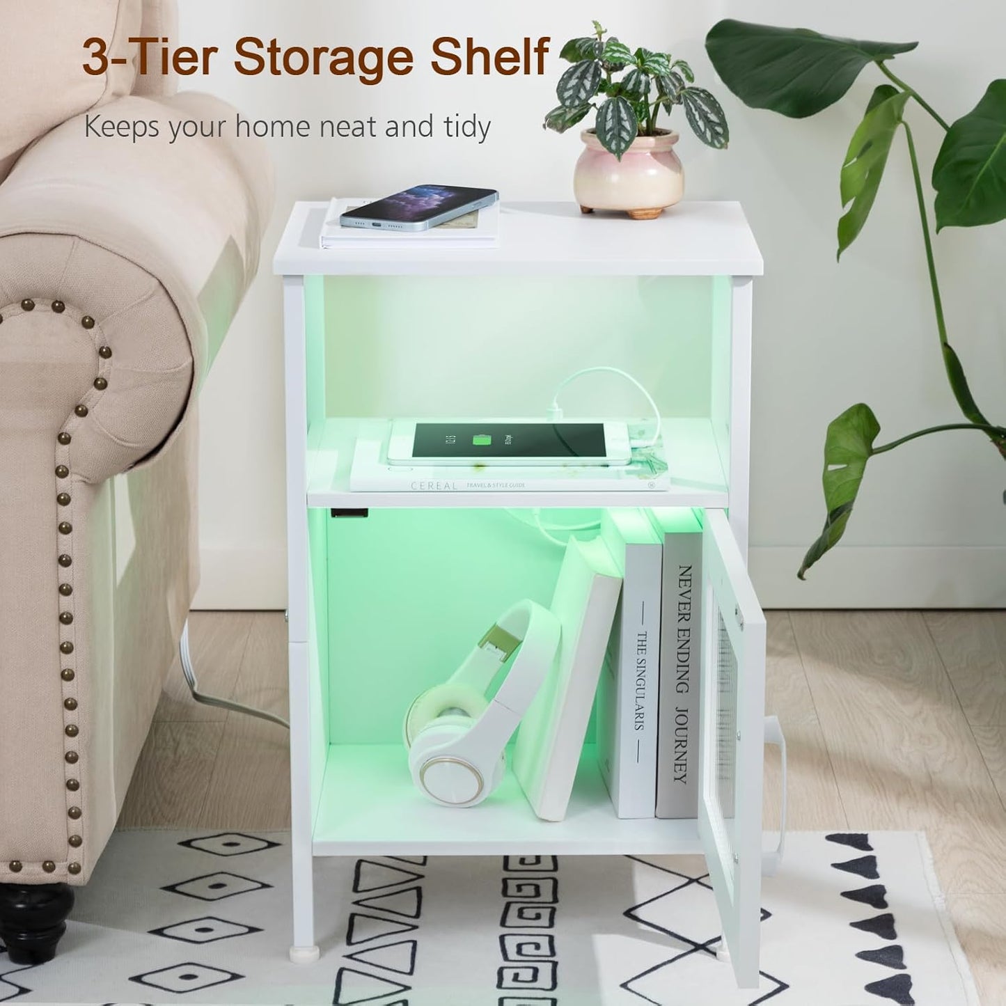 (New Open Box) LOAKEKEL Night Stand, LED Nightstand with Charging Station, Small End Table with Glass Door and Storage Shelf, Modern Side Table with USB Ports & Outlets, Bedside Table for Bedroom, White, HNS06WT-1