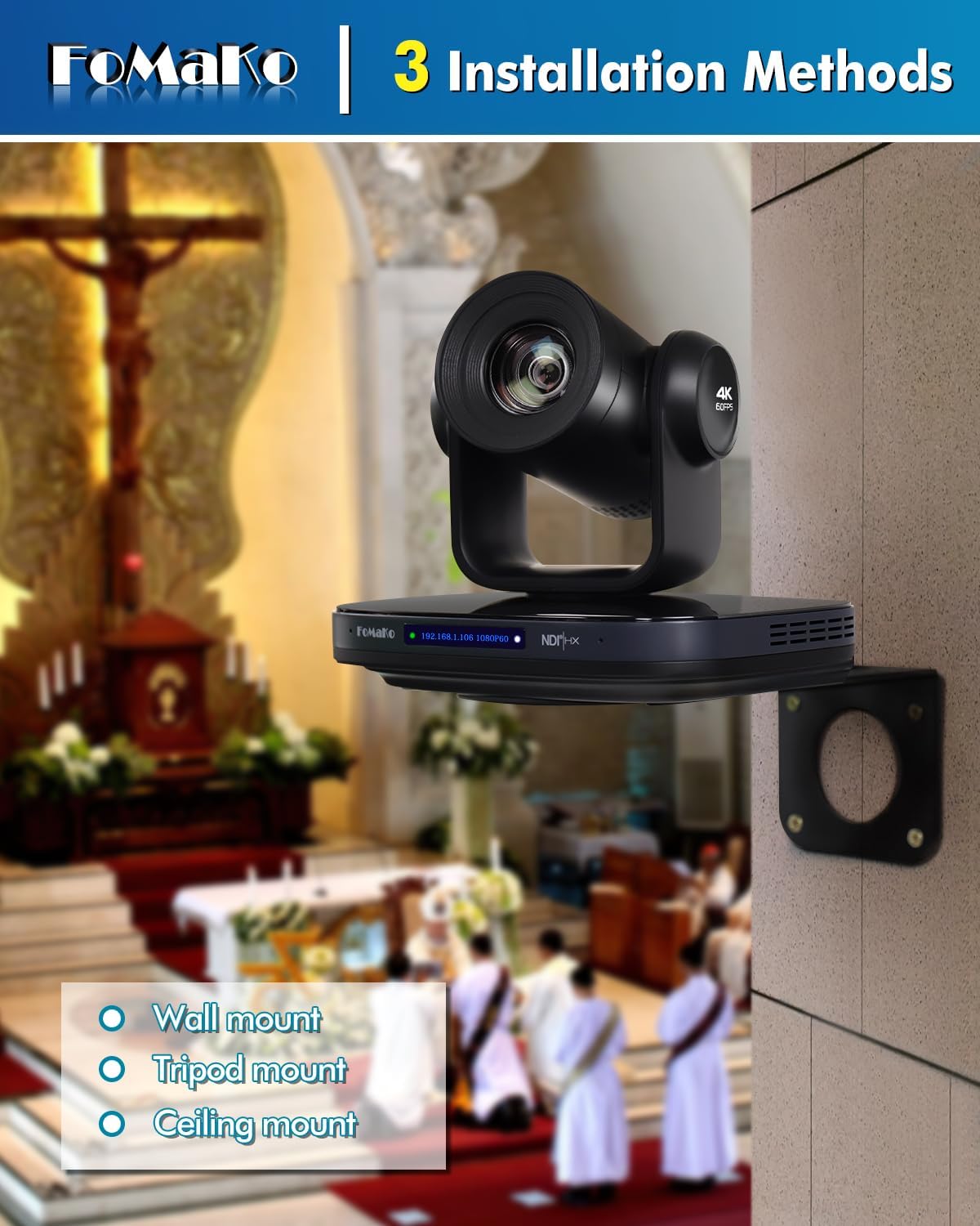 (New Open Box) FoMaKo 60FPS 4K NDI PTZ Camera, 20X Optical Zoom, 4KP60 AI Auto-Tracking, 1/1.8 UHD CMOS 8.42MP USB3.0 3G-SDI HDMI, for Church Worship Education Conference Events (K820N)