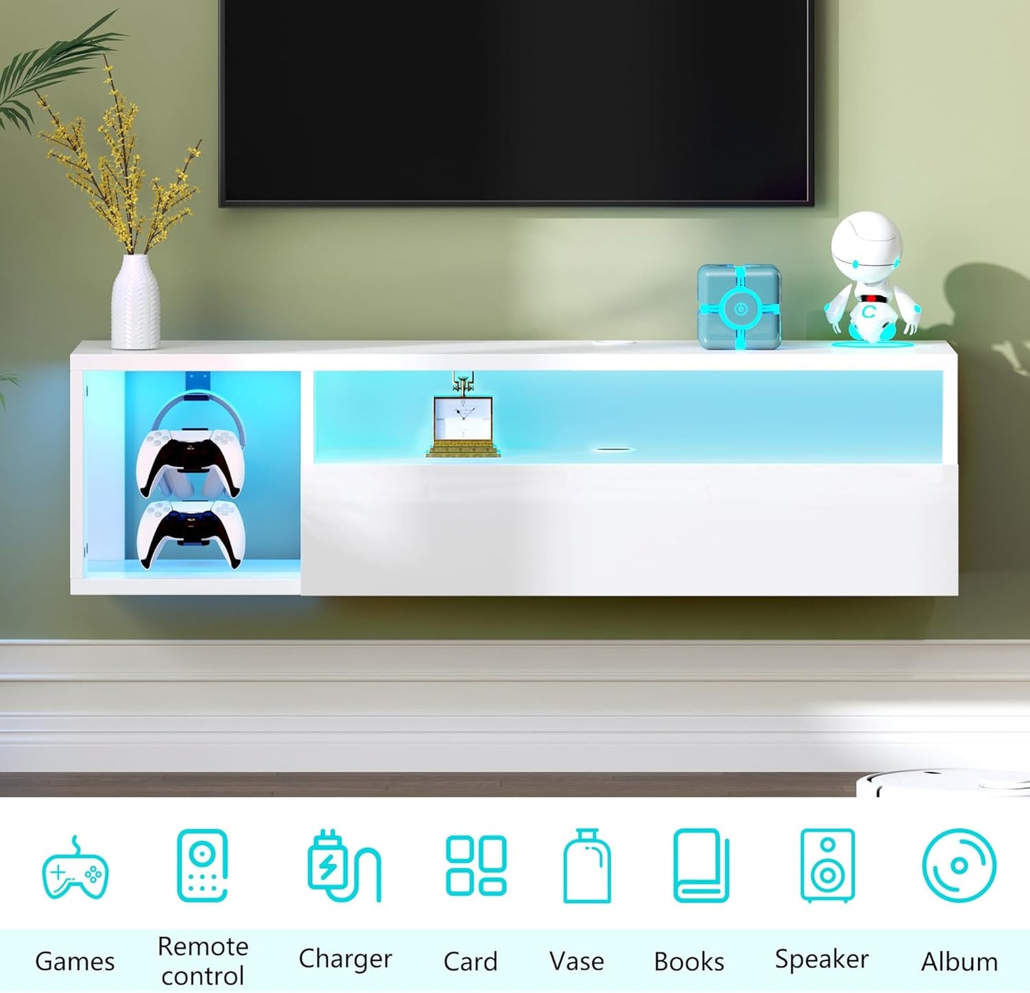 (New Open Box) SogesHome 39.3 inch Floating Wall TV Cabinet Stand with LED Lights Wall Mounted TV Stand with Storage Shelf Modern Entertainment Center Media Console Table for Living Room,Bedroom