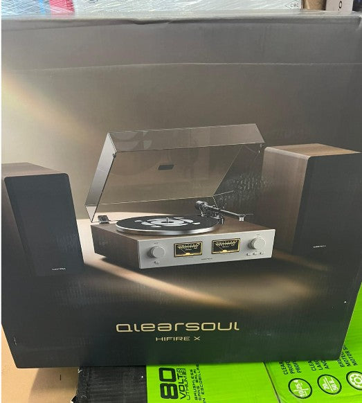 (New Open Box) QLEARSOUL HiFire X Vinyl Record Player, Audiophile HiFi Turntables System with 100W Bookshelf Speakers,VU Meter, DSP Preamp, Support 33/45 RPM, RCA LINE in | Out
