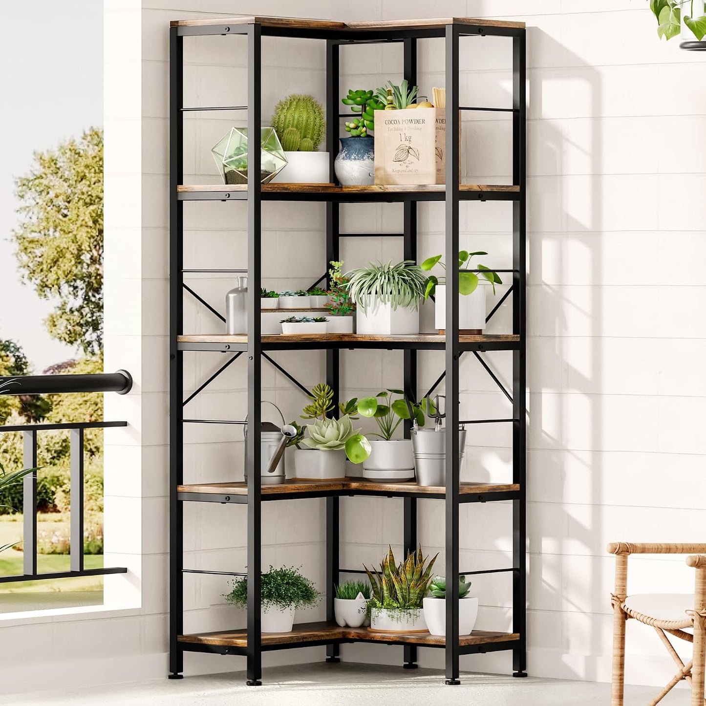 (New Open Box) Gujiam 5-Tier Corner Bookshelf, 70.86" Tall Corner Bookcase,5-Shelf Industrial L-Shaped Coner Shelf with Metal Frame for Home Office,Living Room,Bed Room(Rustic Brown)