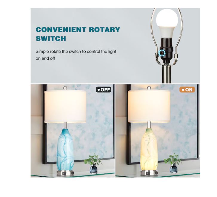 (Brand New) 26-in Ocean Blue LED Rotary Socket Table Lamp Set of 2 | Linen Shade | TD-336