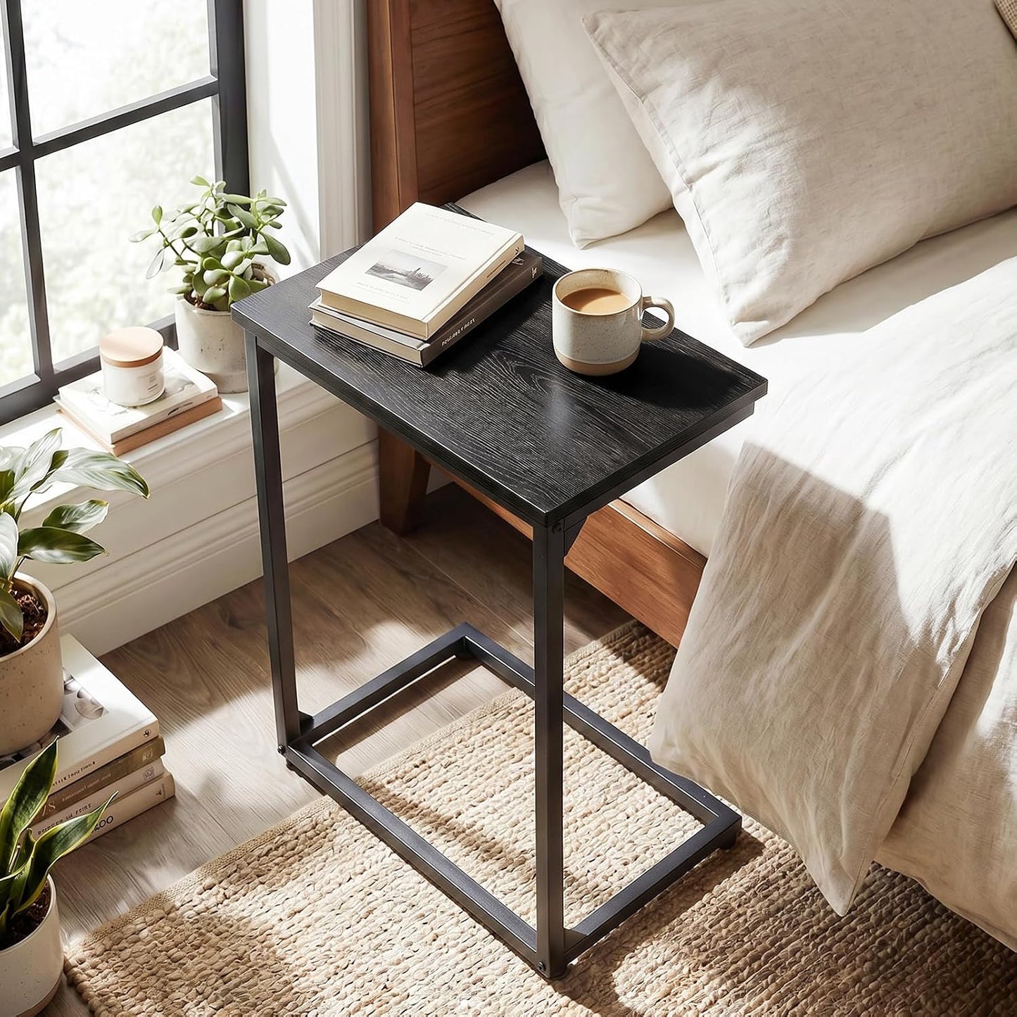(New Open Box) AMHANCIBLE C-Shaped End Table Set of 2, 26.37" H, Couch Tables that Slide Under Sofa, Sturdy Side Table for Living Room, Bedroom, Small Space, Black, HET02BBK