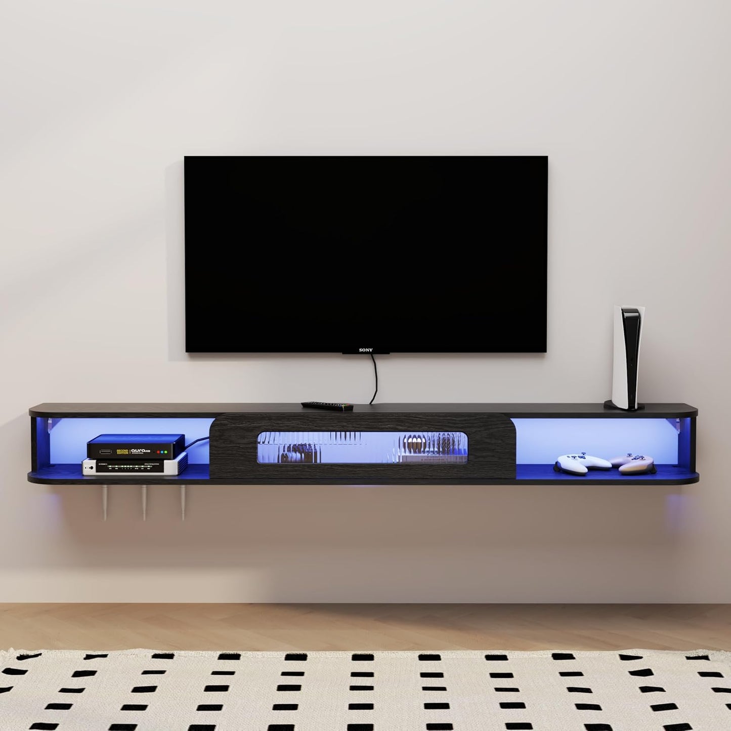 (New Open Box) Bixiaomei Floating TV Stand with LED Lights, 55'' Solid Wood Wall Mounted TV Cabinet with Glass Door, Mid-Century Entertainment Media Console Center Large Storage Shelf Under TV (55.11IN)