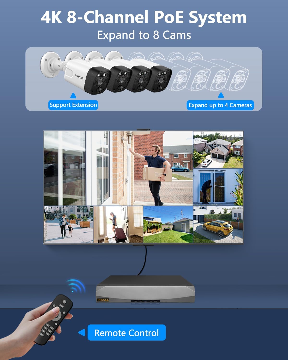 (New Open Box)  OOSSXX 4K PoE Security Camera System | 8MP • 130° Wide Angle • 2-Way Audio • No HDD