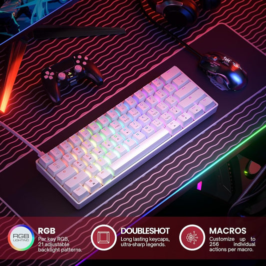 K61 Mechanical Gaming Keyboard - 61 Keys Multi Color RGB Illuminated LED Backlit Wired Programmable for PC/Mac Gamer (Gateron Optical Yellow, White)