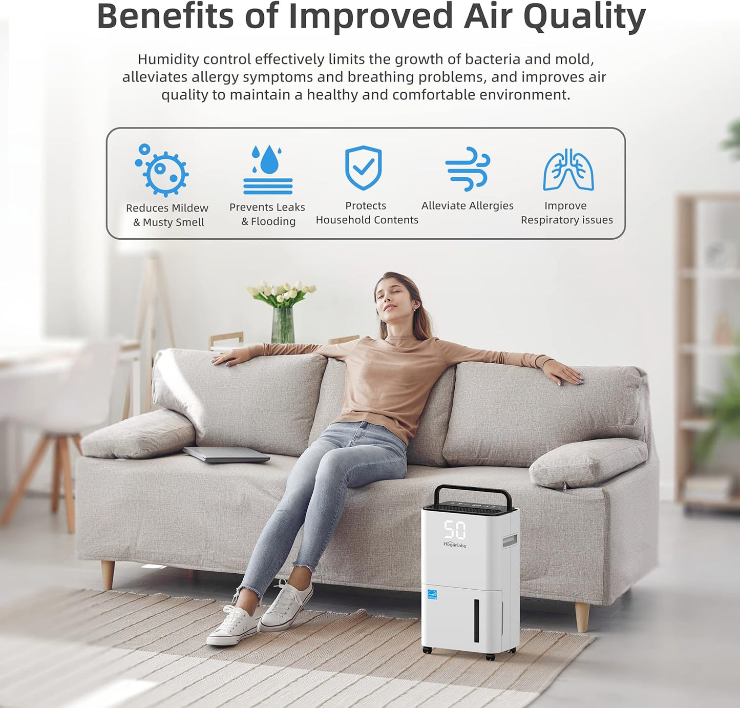 (New Open Box) HOGARLABS 3500 Sq Ft 50 Pint Dehumidifier for Home Basements Bathroom Bedroom | Dehumidifiers