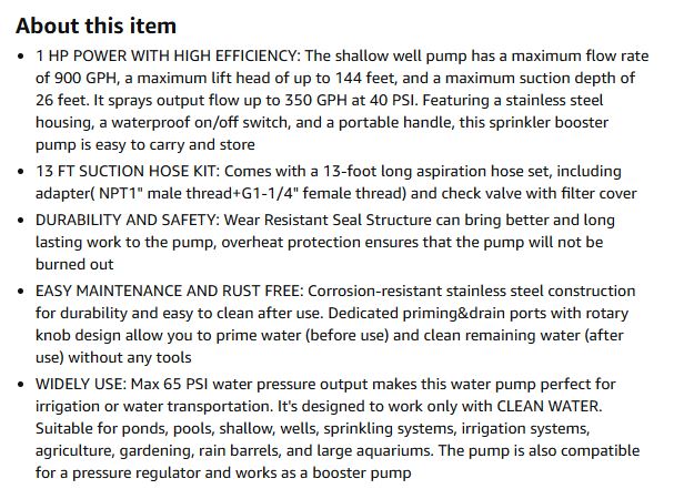 (New Open Box) FLUENTPOWER 1HP Portable Garden Transfer Pump, 900GPH Electric Sprinkler Booster Pump