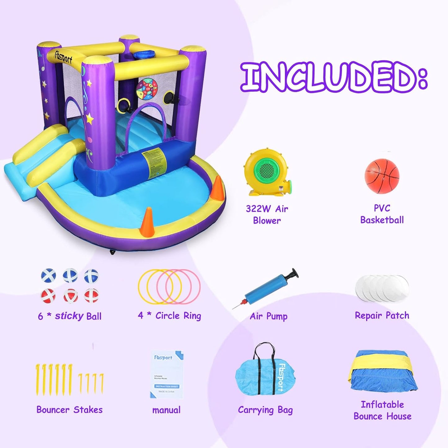 (New Open Box) FBSPORT Inflatable Bounce House, Kids Bounce Castle Slide for Indoor Outdoor,