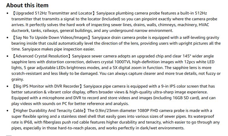 Sanyipace Sewer Camera with Locator 20M/65FT, Drain Plumbing Pipe Inspection Camera