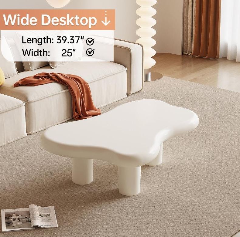 (New Open Box) Guyii Irregular-Shaped Coffee Table, Cream White Center Table (DS0040)