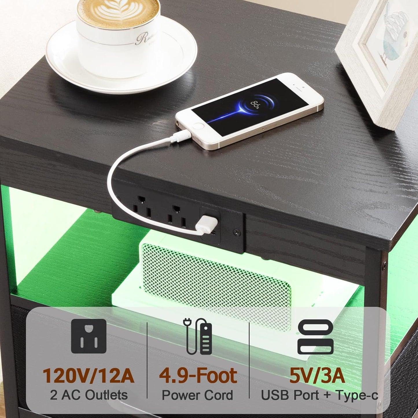 (New Open Box) AMHANCIBLE C Shaped End Table with Charging Station, TV Tray Set of 2 with Storage, Couch Tables That Slide Under, Sofa Table for Living Room, Bedroom BST004BK