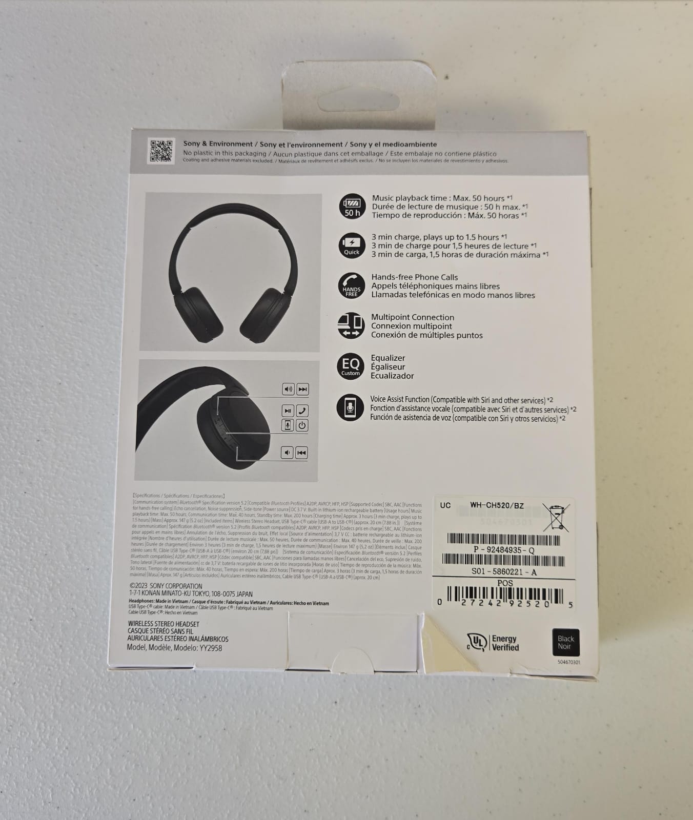 (Brand New) Sony WH-CH520 Wireless Headphones Bluetooth On-Ear Headset with Microphone, Black