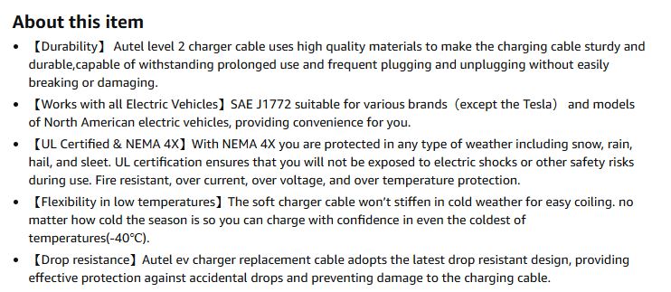 (New Open Box) Autel New Level 2 Charger Replacement Cable, 16 Amp-50 Amp 240 Volt SAE J1772 Charger for All EV Charging Stations, 25-Foot Charging Cable, More Durability and Flexibility