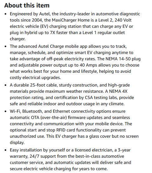 (New Open Box) Autel MaxiCharger Home Electric Vehicle (EV) Charger, up to 40 Amp, 240V, Level 2 WiFi and Bluetooth Enabled EVSE, NEMA 14-50 Plug, Indoor/Outdoor, 25-Foot Cable with Separate Holster, Dark Gray