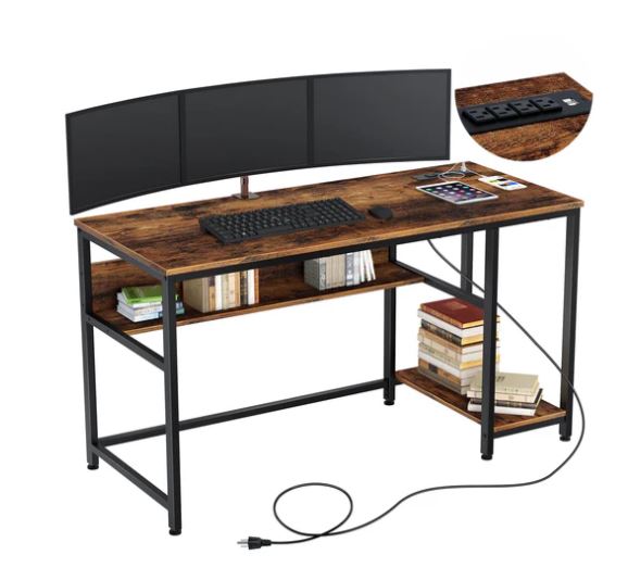 (New Open Box) Rolanstar Metal Frame Computer Desk with Power Outlets and Storage Shelf 55 Inch