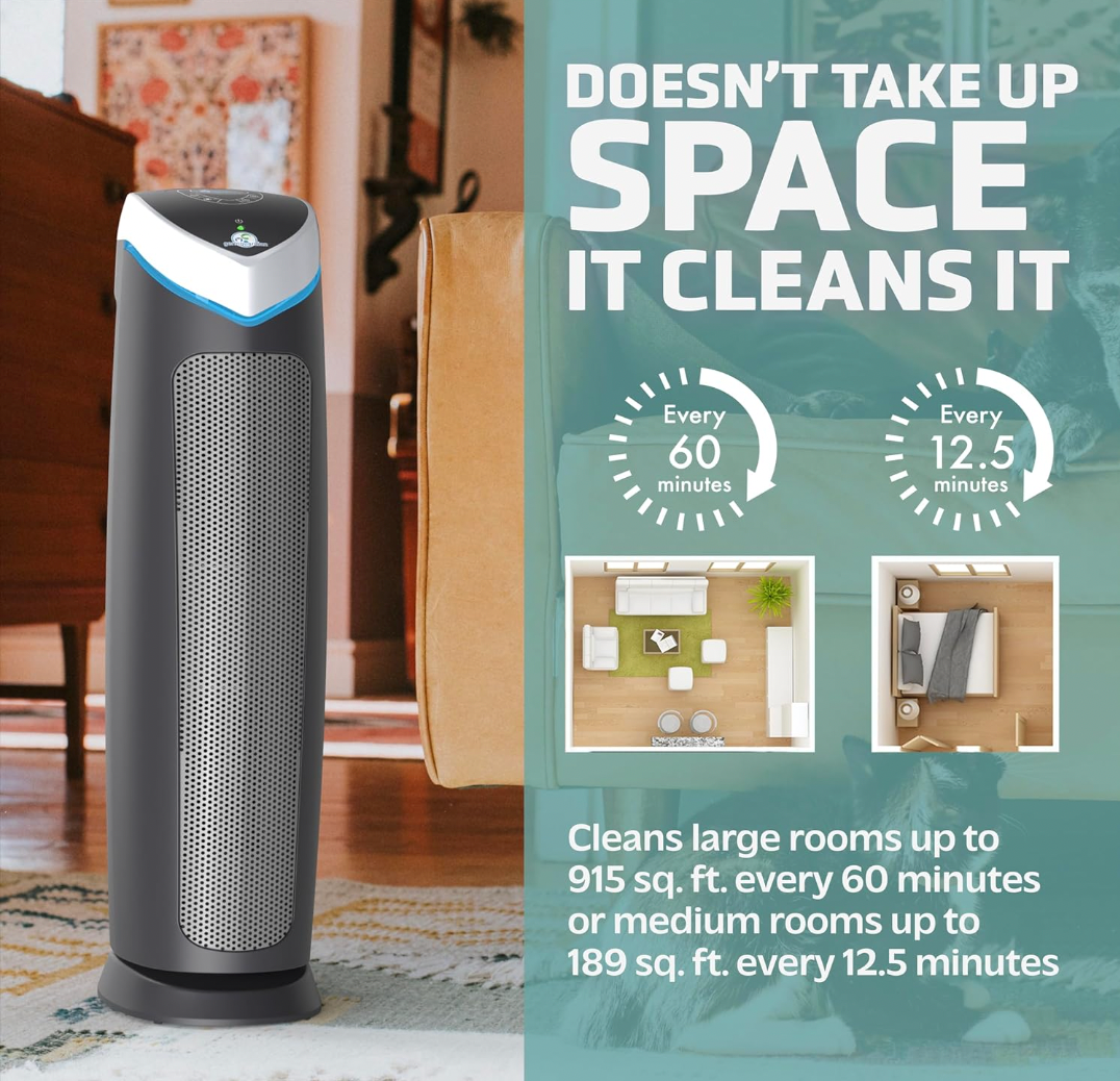 Germ Guardian Air Purifier with HEPA 13 Pet Filter, Removes 99.97% of Pollutants, Covers Large Room up to 915 Sq. Foot in 1 Hr, UV-C Light Helps Reduce Germs, Zero Ozone Verified, 28", Gray, AC5250PT AC5250PT