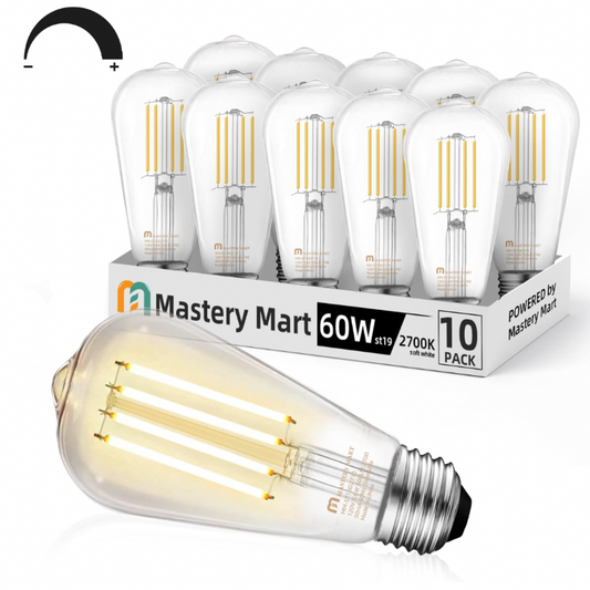 Mastery Mart Vintage LED Light Bulb 2700K Soft White, Dimmable, 5.5W (60 Watt Equivalent), ST21/ ST64 Clear Glass Antique Edison Style, 500LM E26 Decorative Filament Bulb, 10 Count