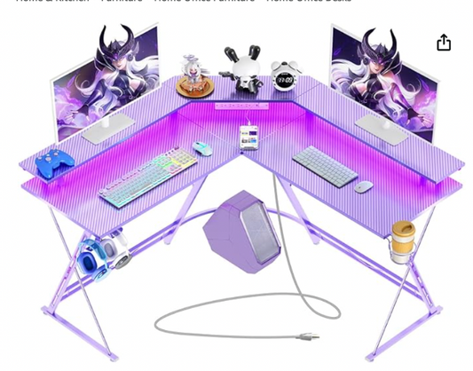 SEVEN WARRIOR Gaming Desk 50.4” with LED Light & Power Outlets, L-Shaped Gaming Desk Carbon Fiber Surface with Monitor Stand, Ergonomic Gamer Table with Cup Holder, Headphone Hook, Purple
