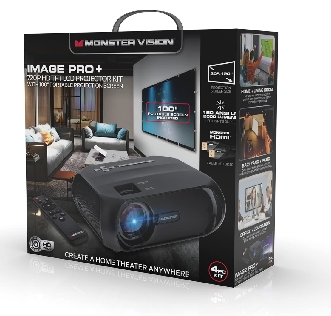 Used (Excellent) Monster Image Pro 720 HD Extra-Bright LCD Projector, 2000 Lumens, Projects Up To 16ft, Max Resolution: 1080 HD, Universal Image/Audio/Video Support, AV/USB/HDMI/SD Input