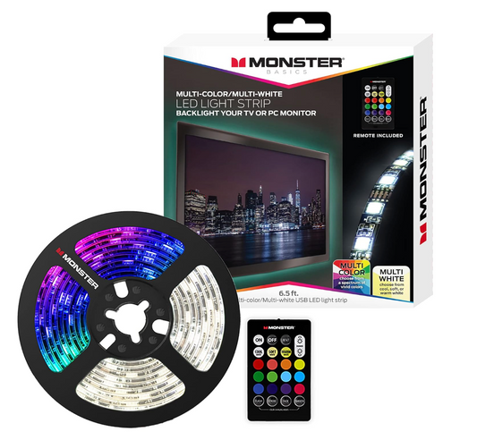 Monster Multi-Color and Multi-White LED Light Strip, 6.5 Foot, Customizable, Peel and Install, Flexible, Enhanced Ambiance, Remote Control Included, Home Decoration, Any Room