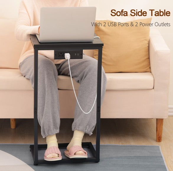 (New Open Box) AMHANCIBLE C-Shaped Sofa Tables with Charging Station, Set of 2, Black, HET02BPBK