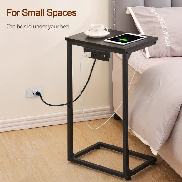 (New Open Box) AMHANCIBLE C-Shaped Sofa Tables with Charging Station, Set of 2, Black, HET02BPBK