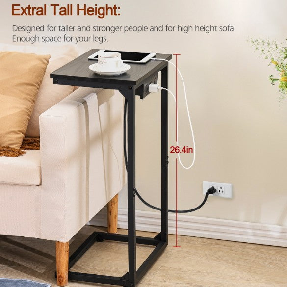 (New Open Box) AMHANCIBLE C-Shaped Sofa Tables with Charging Station, Set of 2, Black, HET02BPBK