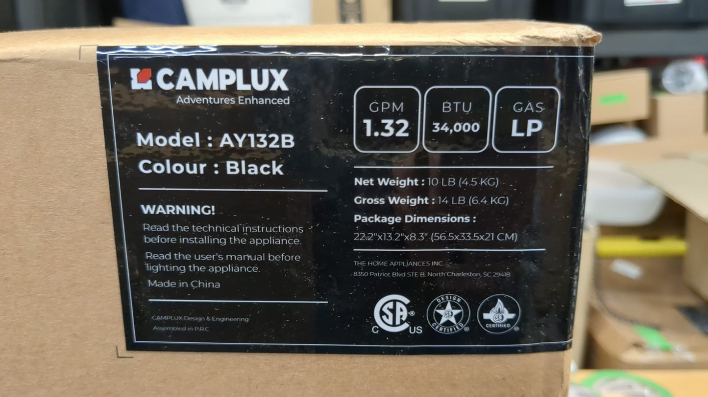 (New Open Box) Camplux AY132B 5L 1.32 GPM Outdoor Portable Propane Tankless Water Heater