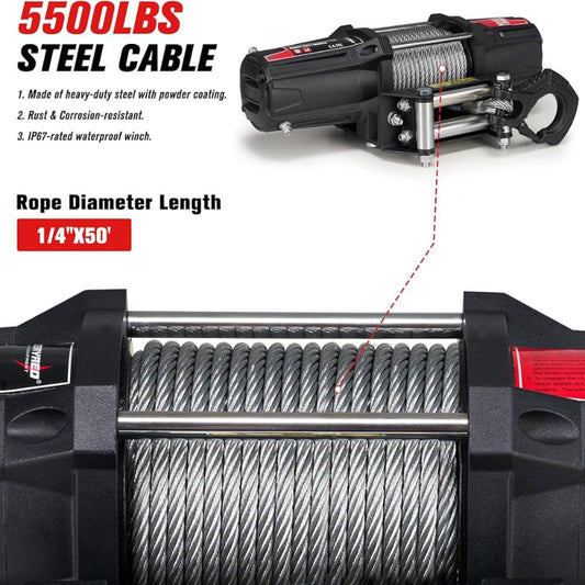 (Excellent) FieryRed 5500LBS Electric Winch - 12V Steel Cable Towing Winch ATV Winch Kits for Towing