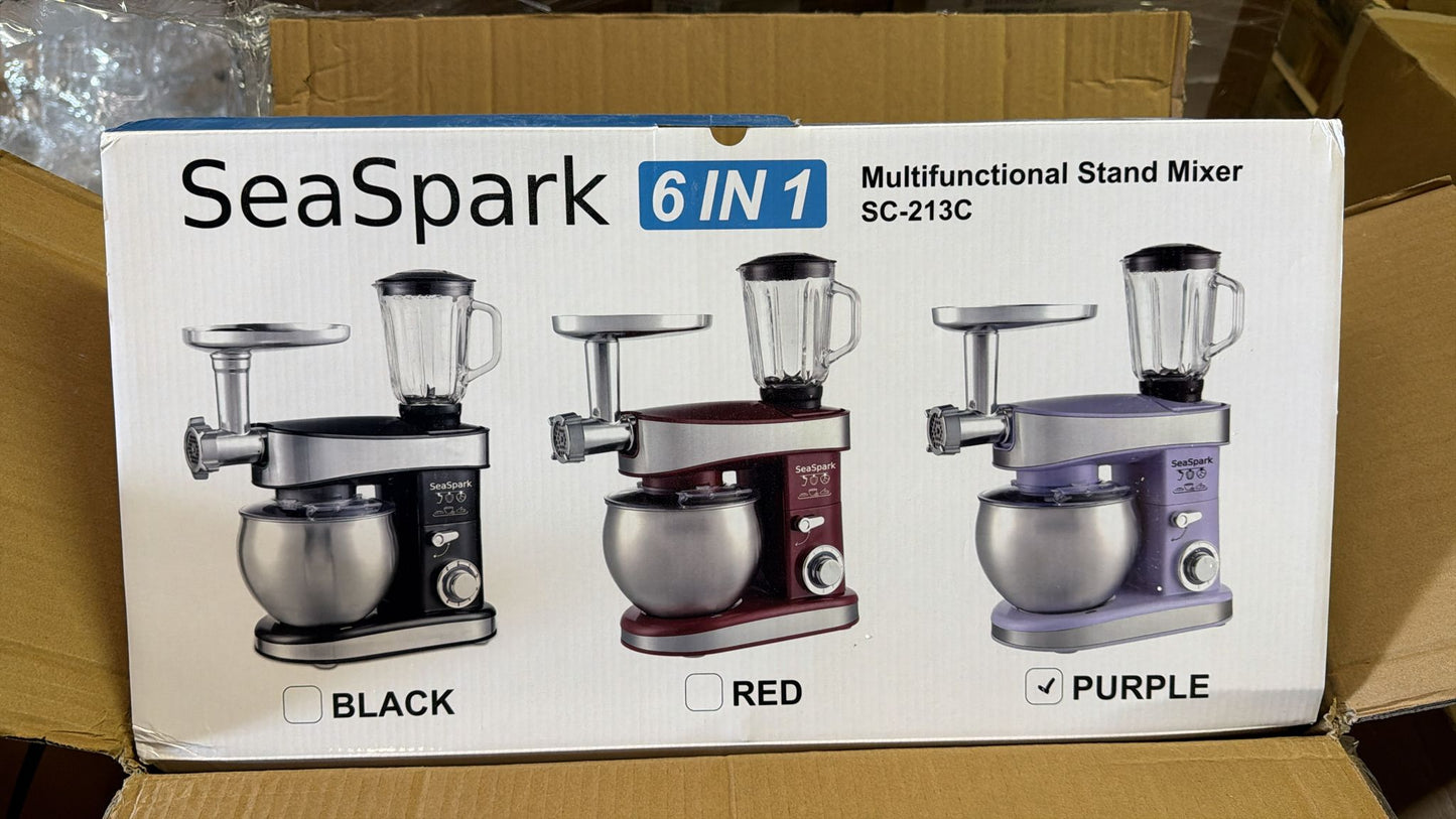 SeaSpark SC-213C Multifunctional Stand Mixer 6.3Qt 6-Speed Tilt-head, Electric Kitchen Mixer with Stainless Steel Bowl,Meat Grinder, Juice Blender