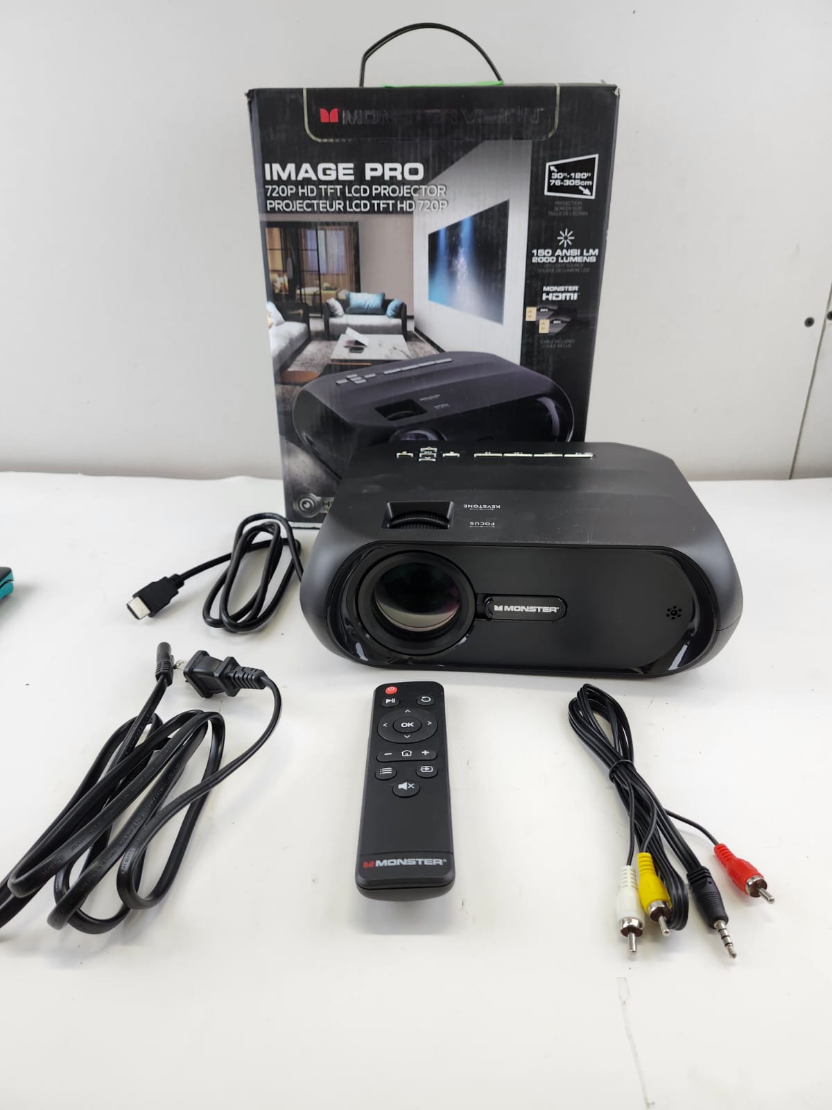 Used (Excellent) Monster Image Pro 720 HD Extra-Bright LCD Projector, 2000 Lumens, Projects Up To 16ft, Max Resolution: 1080 HD, Universal Image/Audio/Video Support, AV/USB/HDMI/SD Input