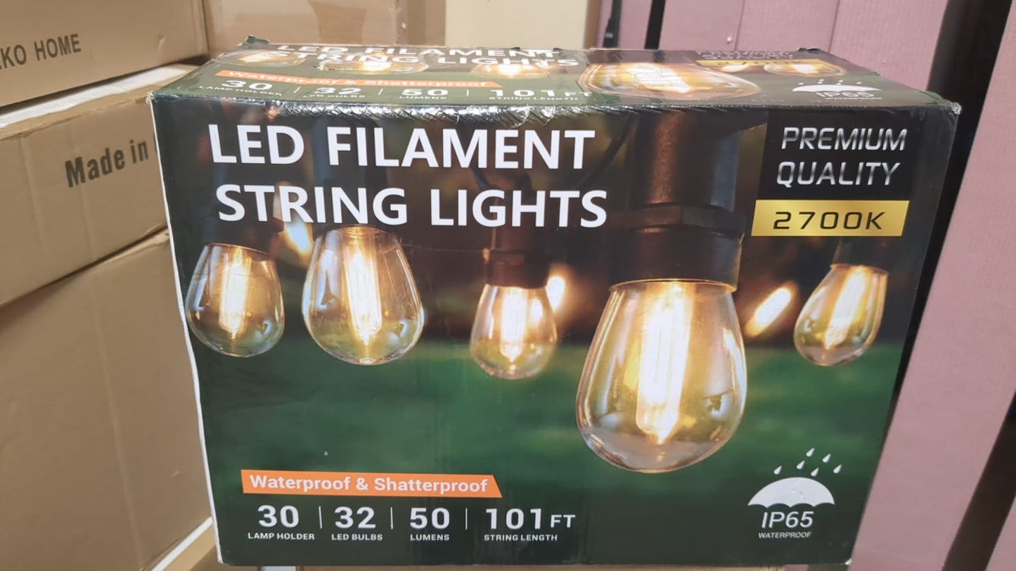 Led Filament String Lights 101FT 30+2 Bulbs, Waterproof Shatterproof Patio, Gazebo 2700k lumens