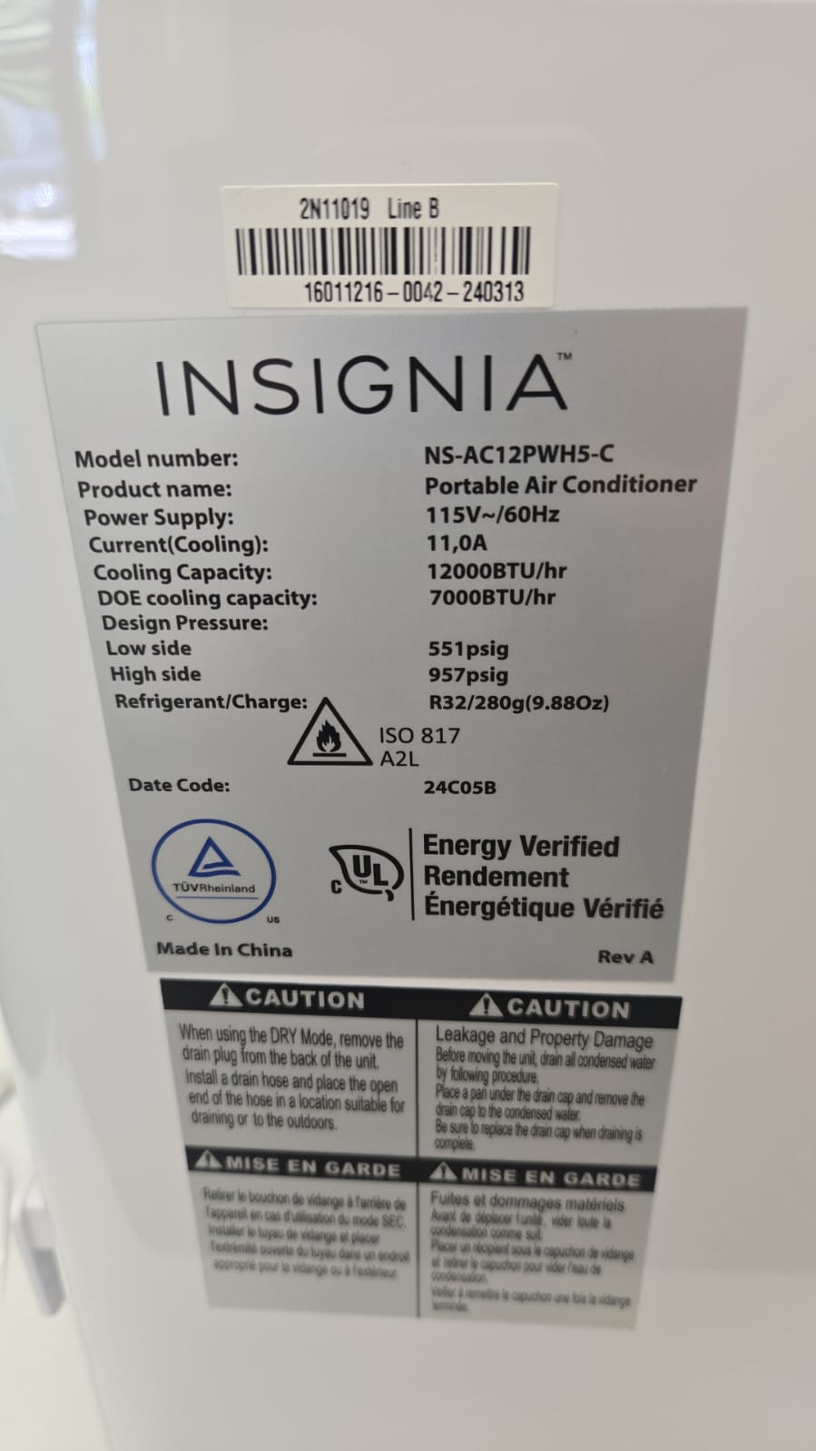 Insignia 3 in 1 Portable Air Conditioner with dehumidifier - 12000 BTU (SACC 7000 BTU)