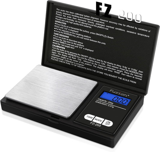Fuzion Digital Pocket Scale, 200g/0.01g Mini Scale Gram and Ounce, Portable Travel Food Scale, Jewelry Scale with Back-Lit LCD, Stainless Steel, Tare