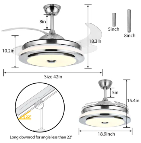 Ceiling Fans with Lights,42 in Indoor Low Profile Ceiling Fans, 72W Remote Ceiling Fan with Led Light,Modern Bladeless Enclosed Ceiling Fan Flush Mount,Dimmable 3 Color 3 Speeds 1/2H Timing