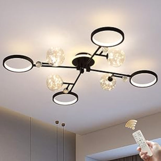 Siittoo Modern Ceiling Light, Dimmable LED Ceiling Lamp, 4 Rings Flush Mount Ceiling Light Black Ceiling Chandelier