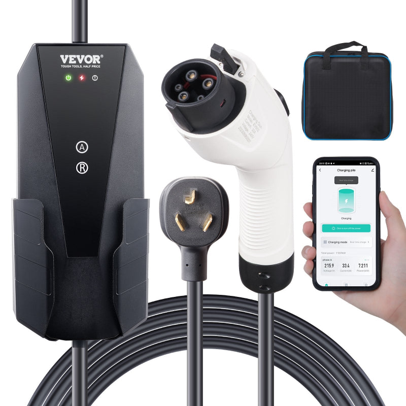 (New Open Box) VEVOR Level 2 Portable EV Charger, 16 Amp 240V, Electric Vehicle Charger with 28-Foot Charging Cable NEMA 10-30P Plug, 8/10/13/16A Adjustable Current Plug-in Home EV Charging Station for SAE J1772 EVs