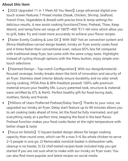 Innsky Air Fryer XL 5.8QT, 【2023 Upgraded】 11 in 1 Oilless Hot Air Fry