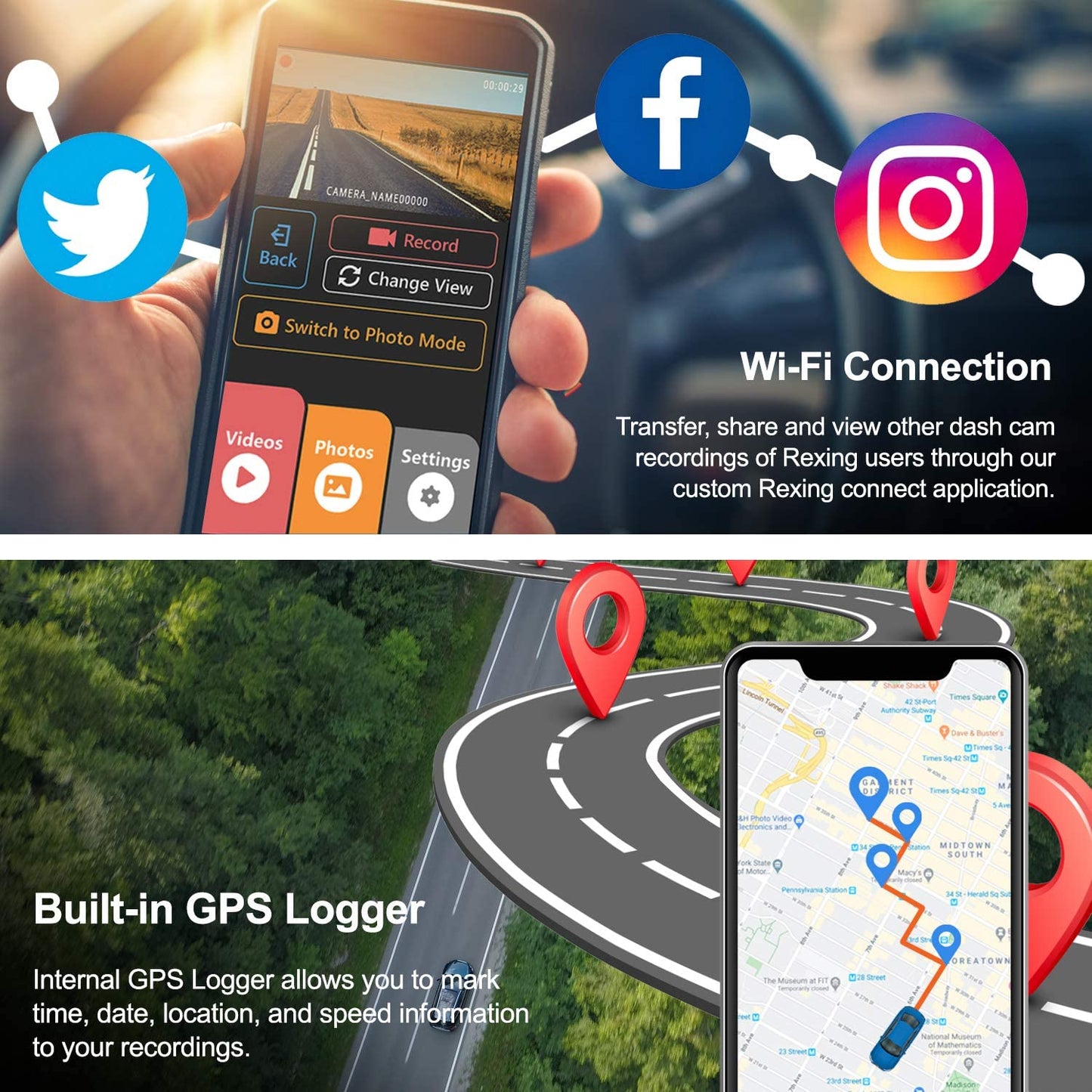 Rexing V1P MAX 4K UHD Dual Channel Dash CAM, 3840X2160 Front+1080p Rear, WiFi GPS Car Dash Camera w/Night Vision, Supercapacitor,170 Degree Wide Angle, Loop Recording, G-Sensor, Parking Monitor