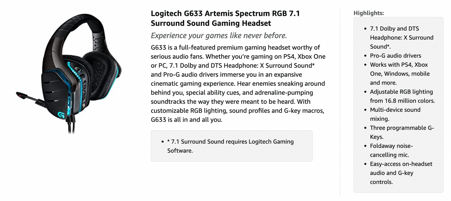 Used Excellent Logitech G633 Gaming Headset with Microphone 981 0005 Electric Deals